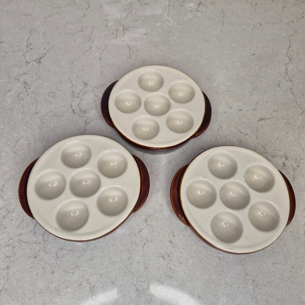 Hall China Escargot Dish 1154 6 Well Set Of 3 Brown White